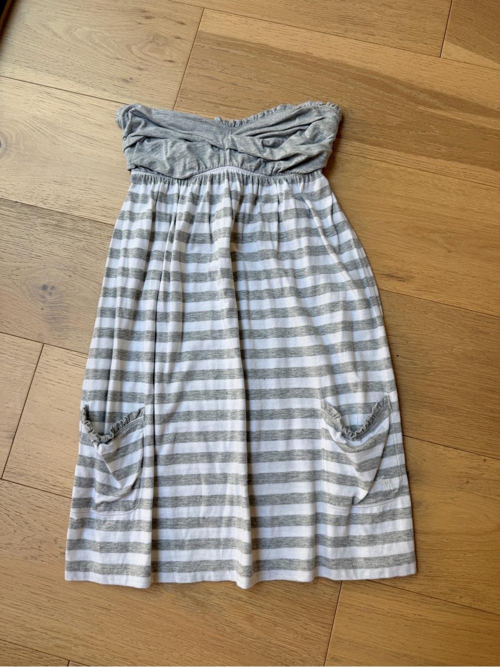 Girls Gray & White Striped Strapless Cotton Mini Dress